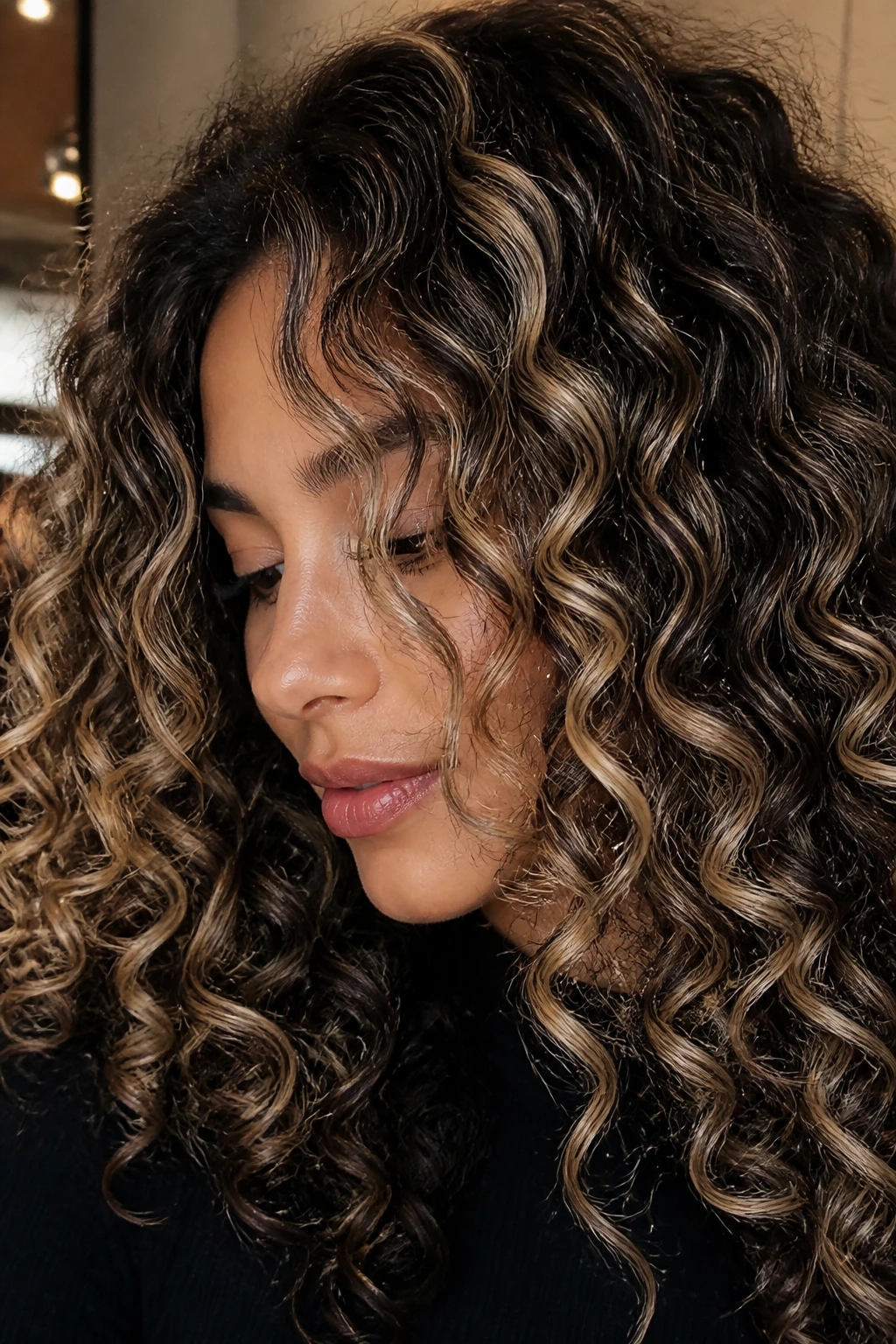 Close-up of a person with beige ribbon curls highlights.