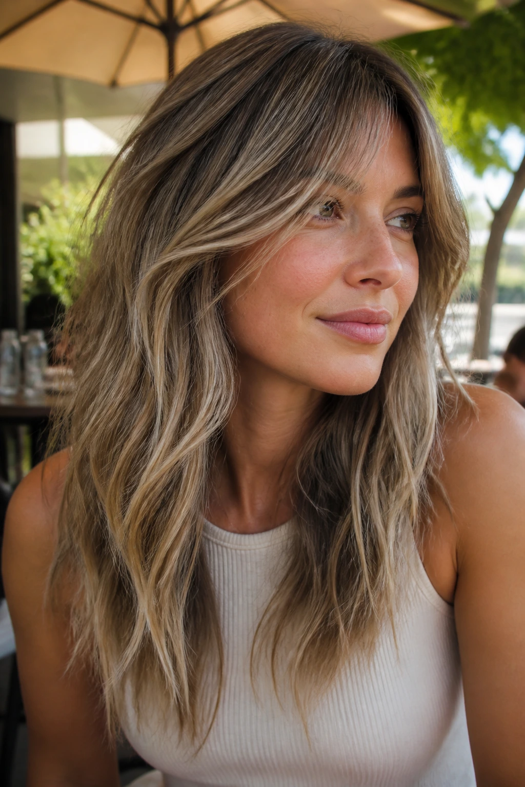 Close-up of a real woman with beige ribbon highlights on a long shag