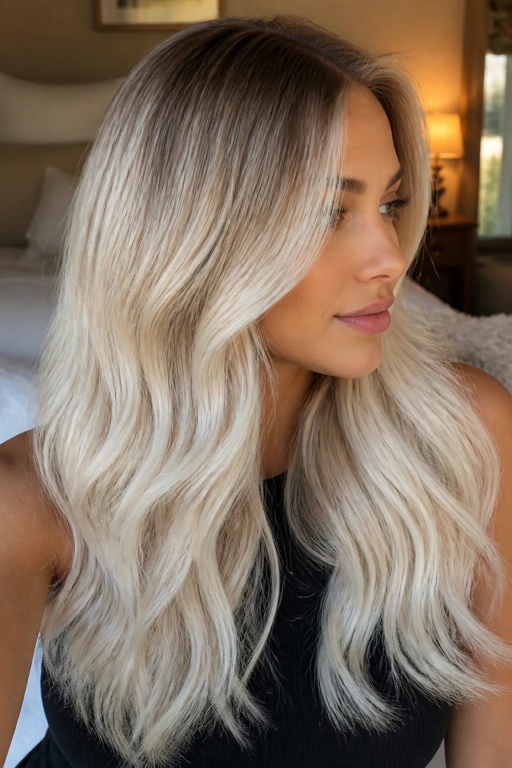 Close-up portrait of a woman with beige-root platinum melt hair