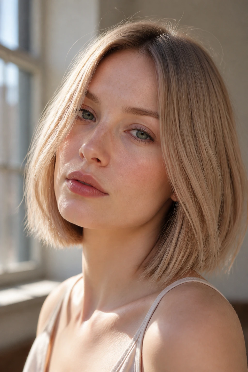 Pale-skinned woman with soft beige sandy blonde in a blunt bob under warm sunlight