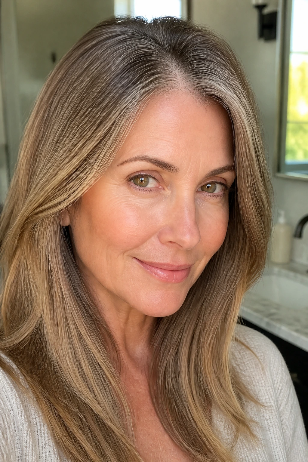 Close-up of a real woman with beige shadow root blending into lighter mids on straight-to-wavy hair under warm window light