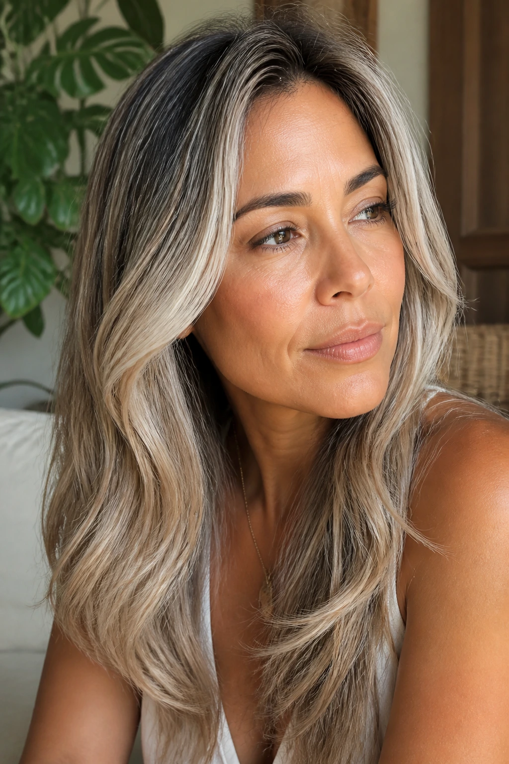 Close-up portrait of a woman with beige-silver balayage on olive skin in a sunlit bright room.