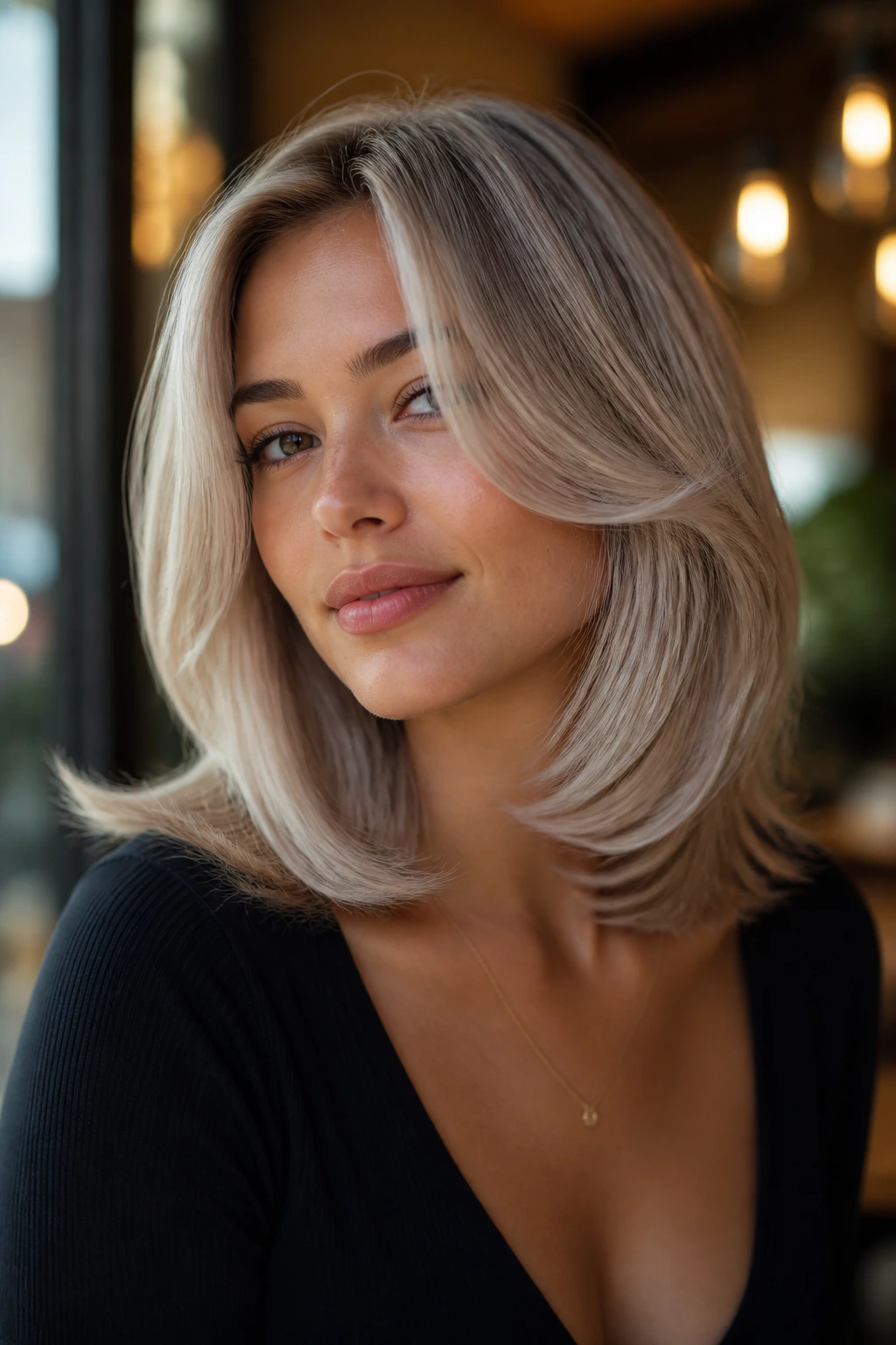Portrait of a real woman with beige-silver midi flip hair under warm cafe light