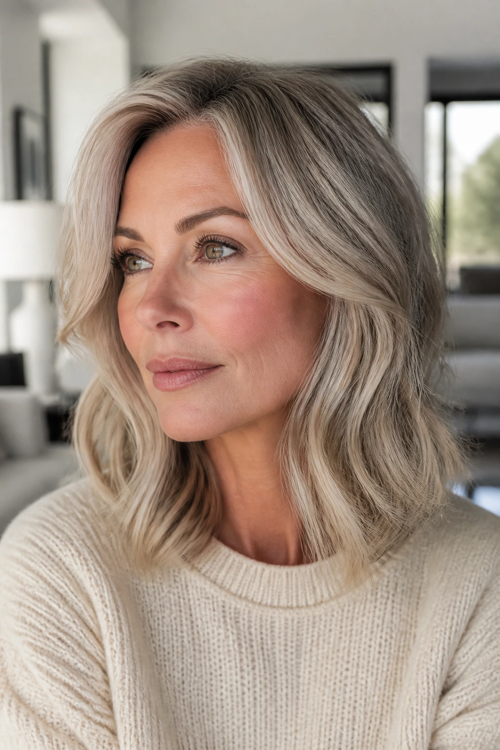 Portrait of a real woman with beige-silver transition blonde and gray blending