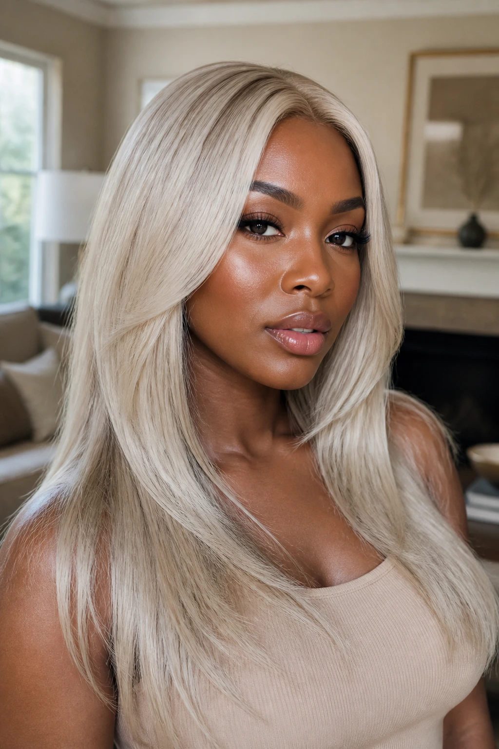 Close-up of a real person with beige snow platinum hair in long layers