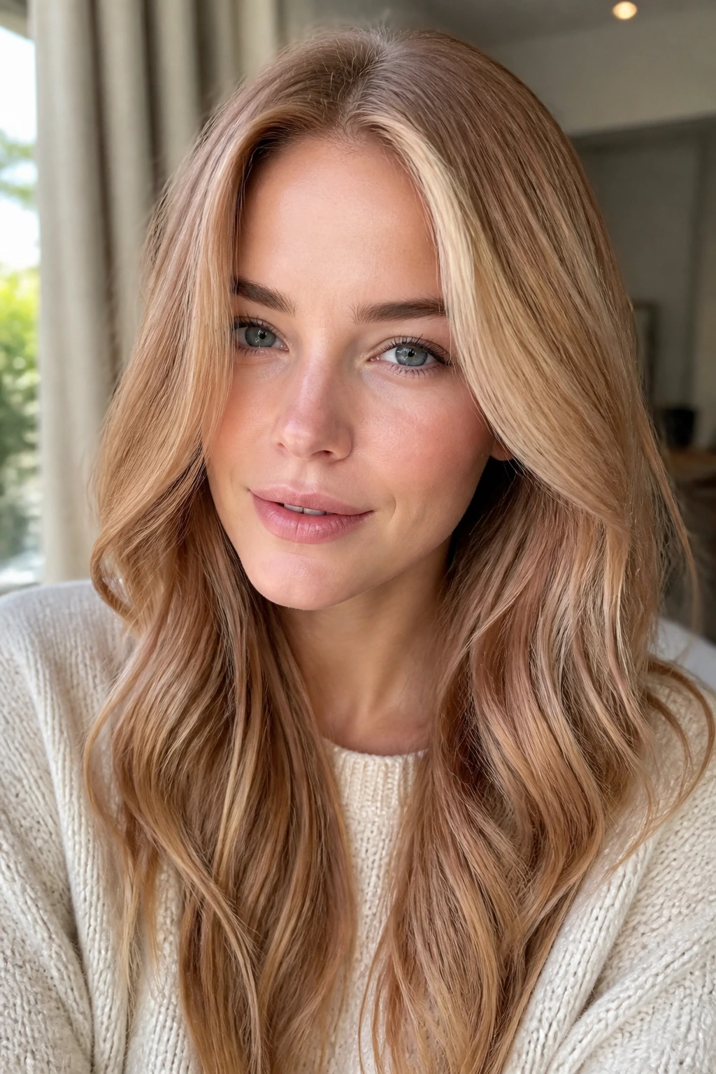 Close-up portrait of a woman with beige strawberry blonde with muted copper glaze
