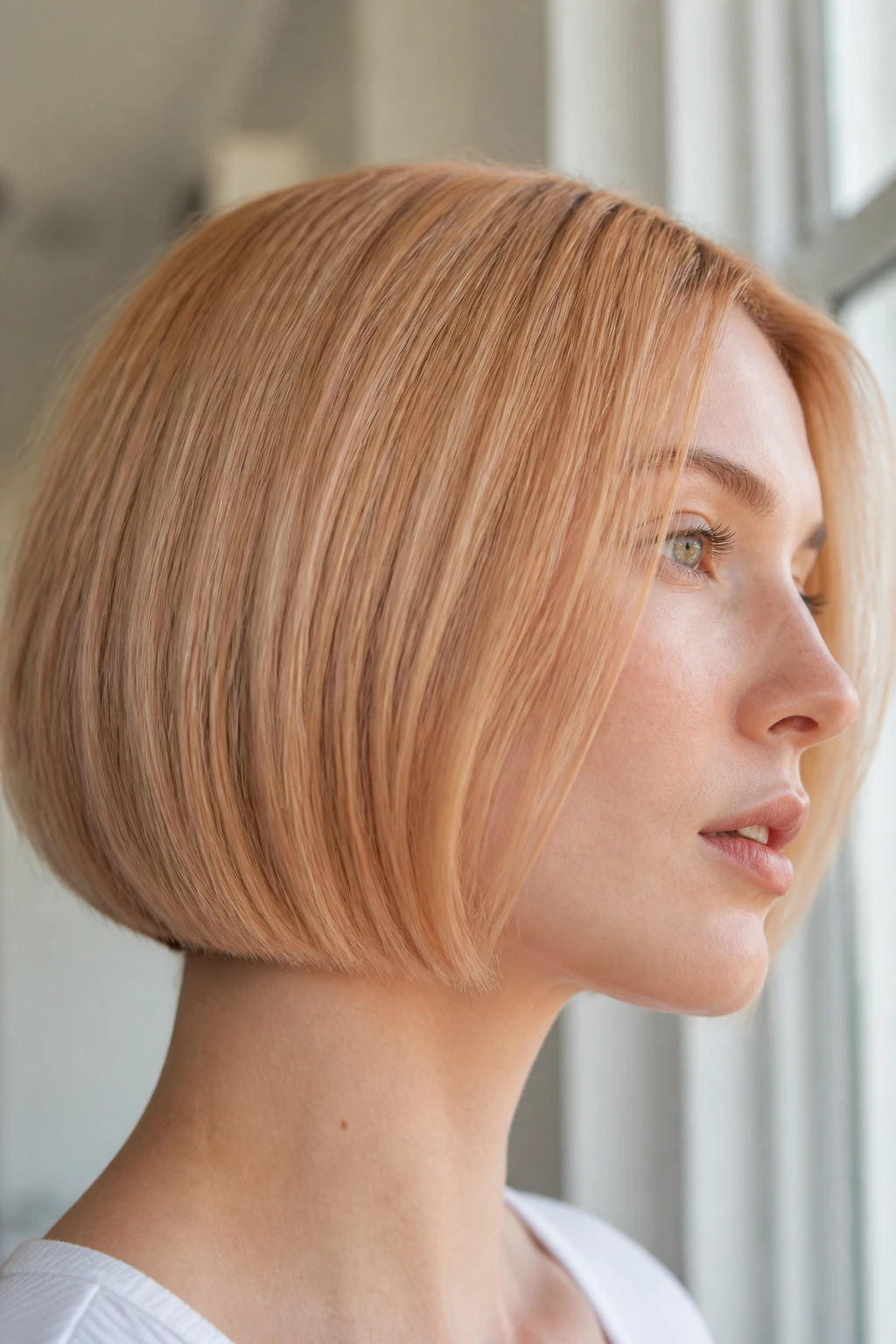 Beige strawberry blonde bob seen in a side profile close-up
