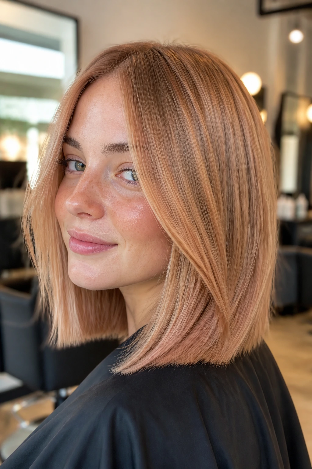 Close-up portrait of a real woman with beige strawberry blonde hair in a beige-blonde base with peach and copper tones