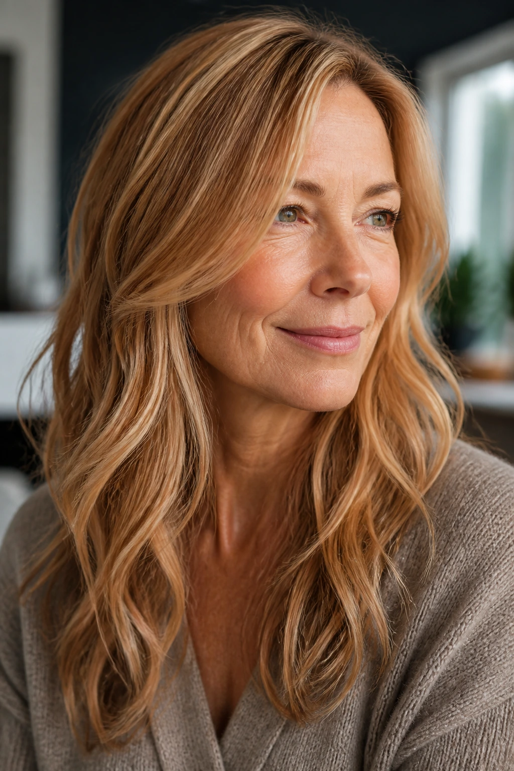 Portrait of a woman with beige strawberry blonde and subtle lowlights