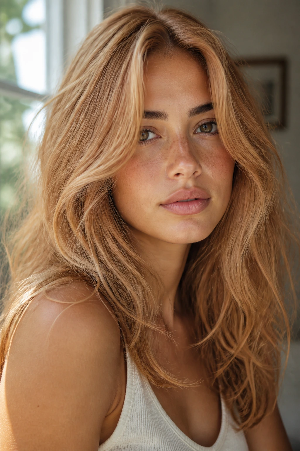 Close-up portrait of beige strawberry blonde hair on olive skin