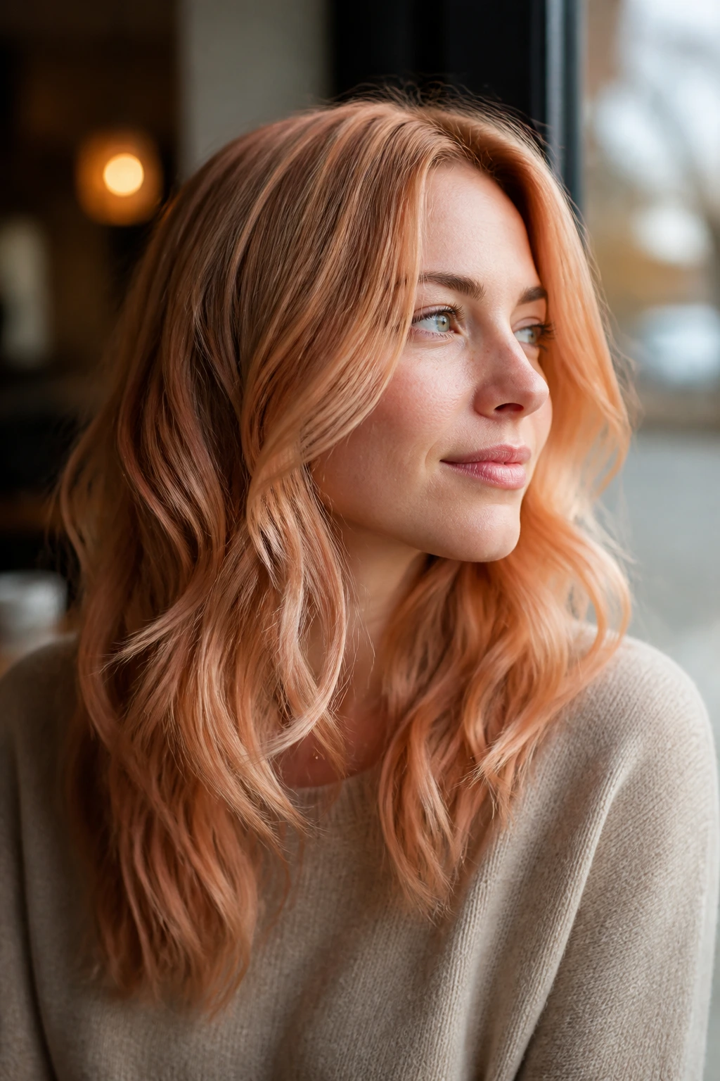 Close-up of a real woman with beige strawberry blonde hair and peach-copper glaze