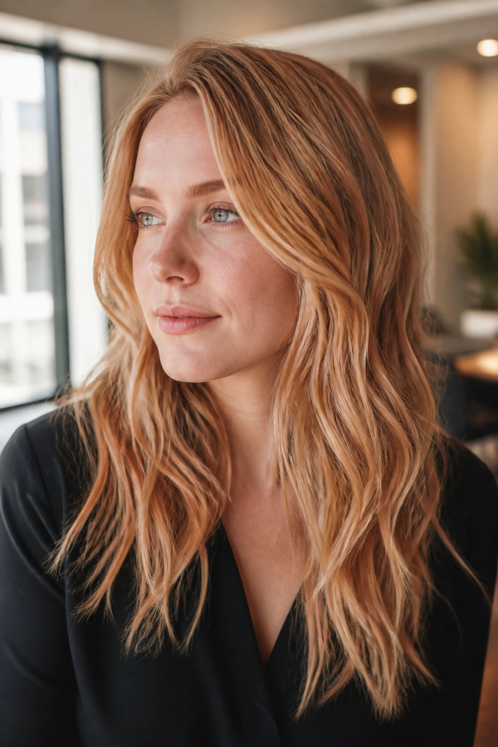 Portrait of woman with beige strawberry base and copper ribbons