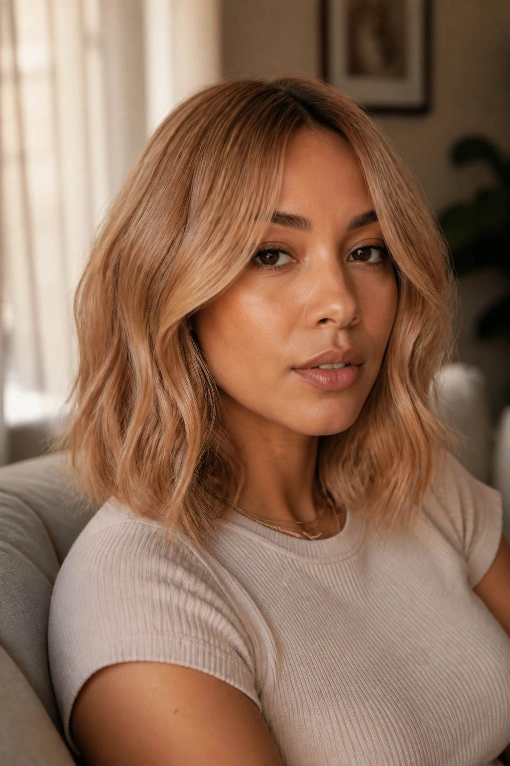 Close-up portrait of a real woman with beige strawberry lob hair in natural window light.