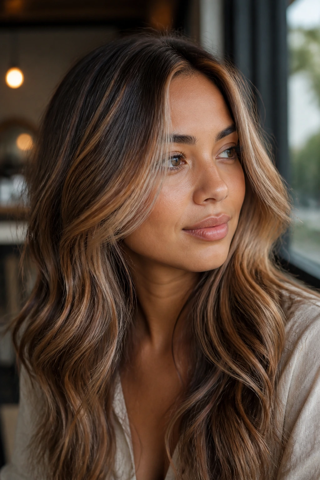 Close-up of real woman with beige strawberry streaks in brunette hair