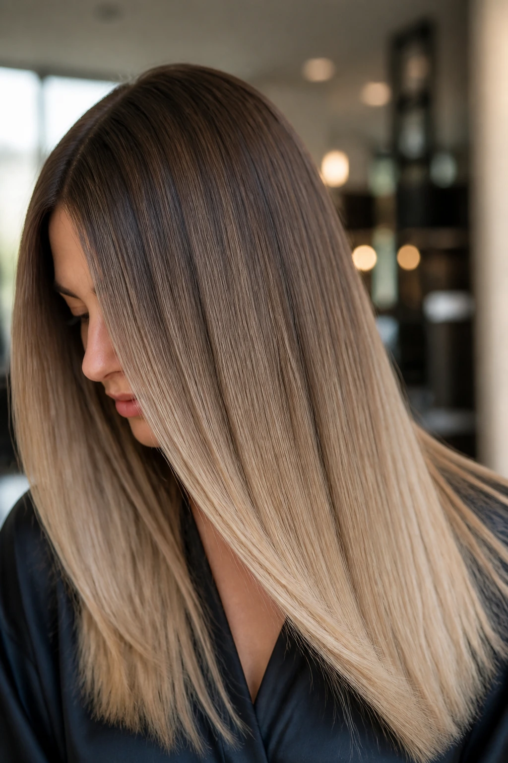 Straight glossy hair with beige-toffee melt on a real person