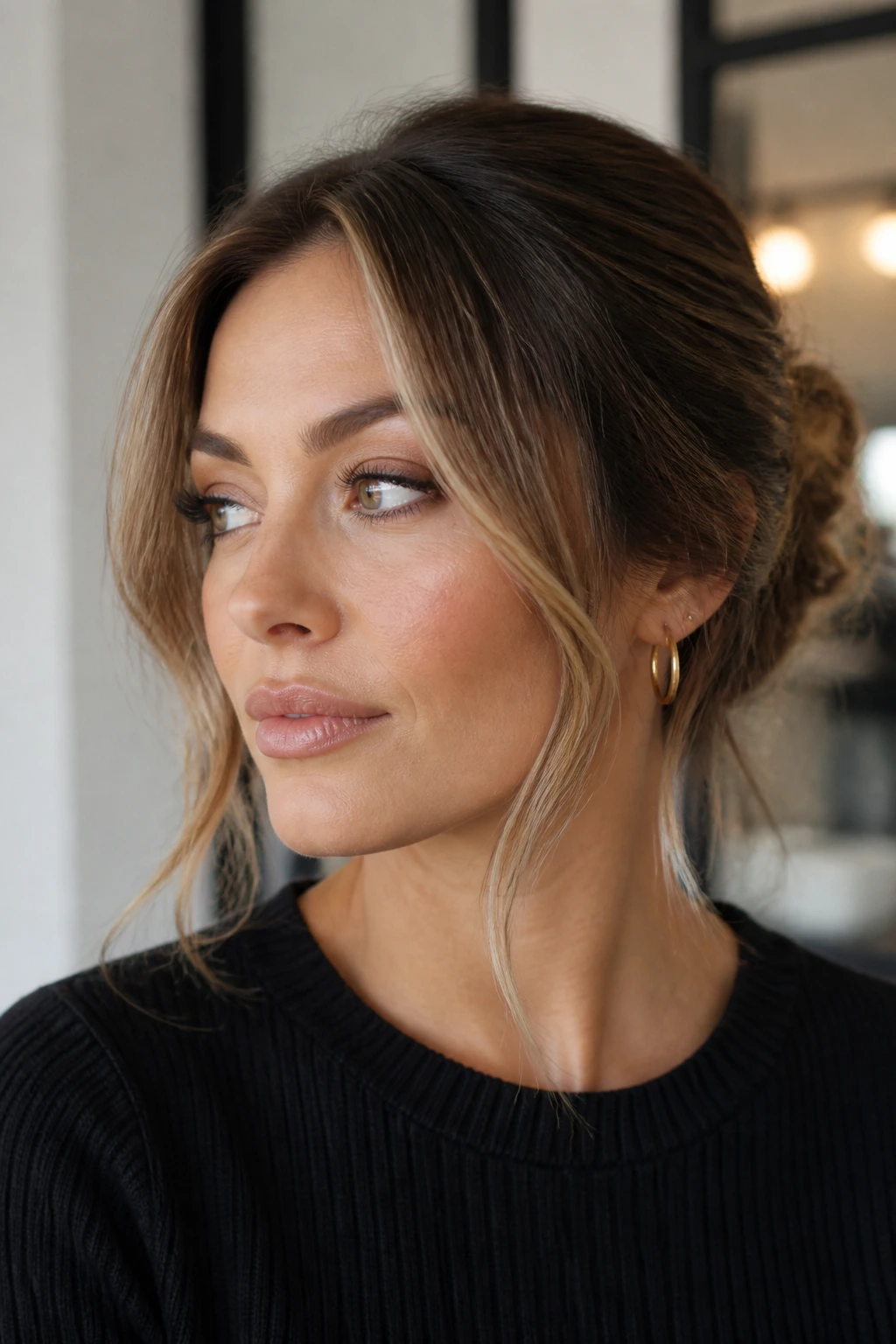 Real woman with beige-toffee face frame around the face