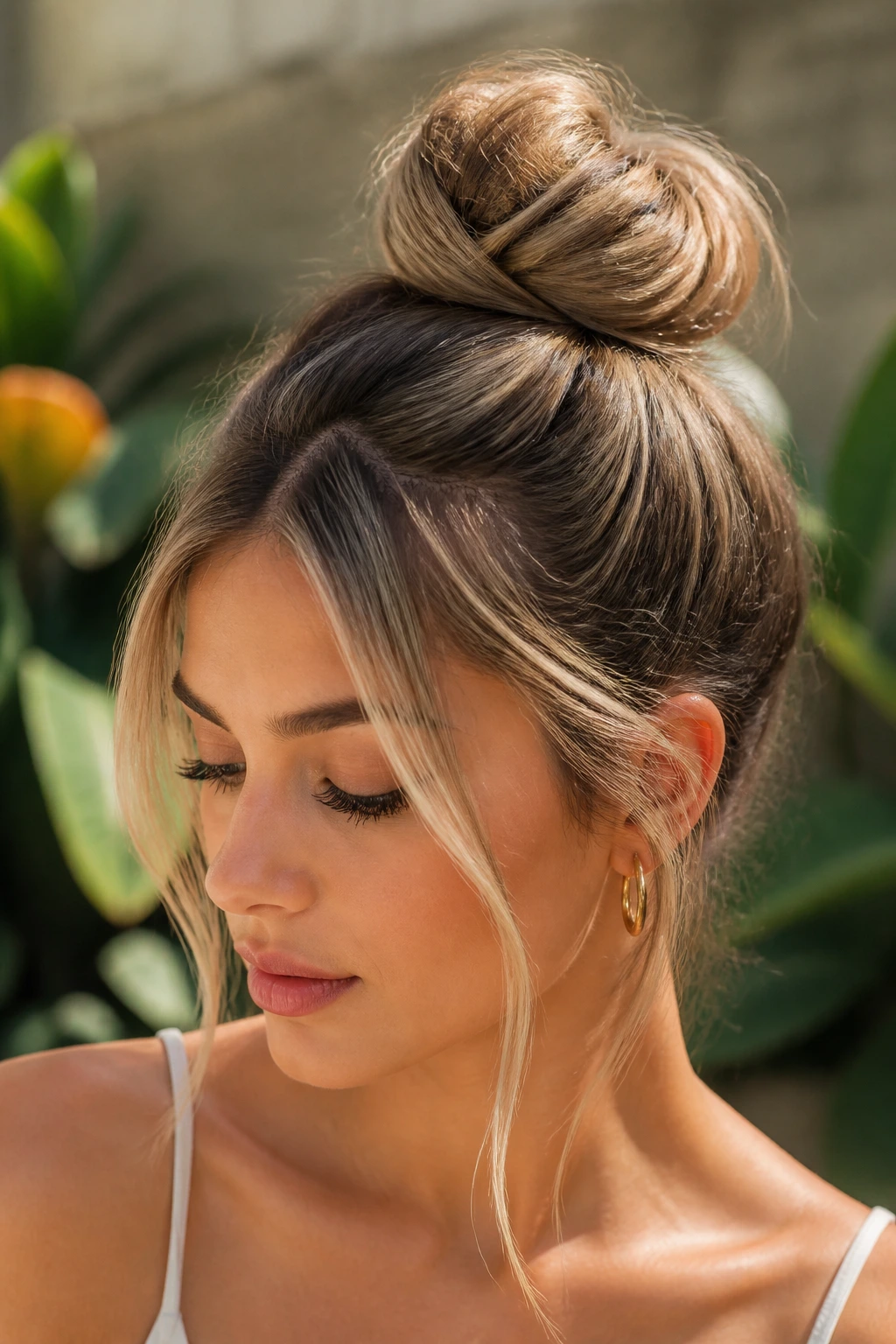 Close-up of smoky beige top knot on dark hair