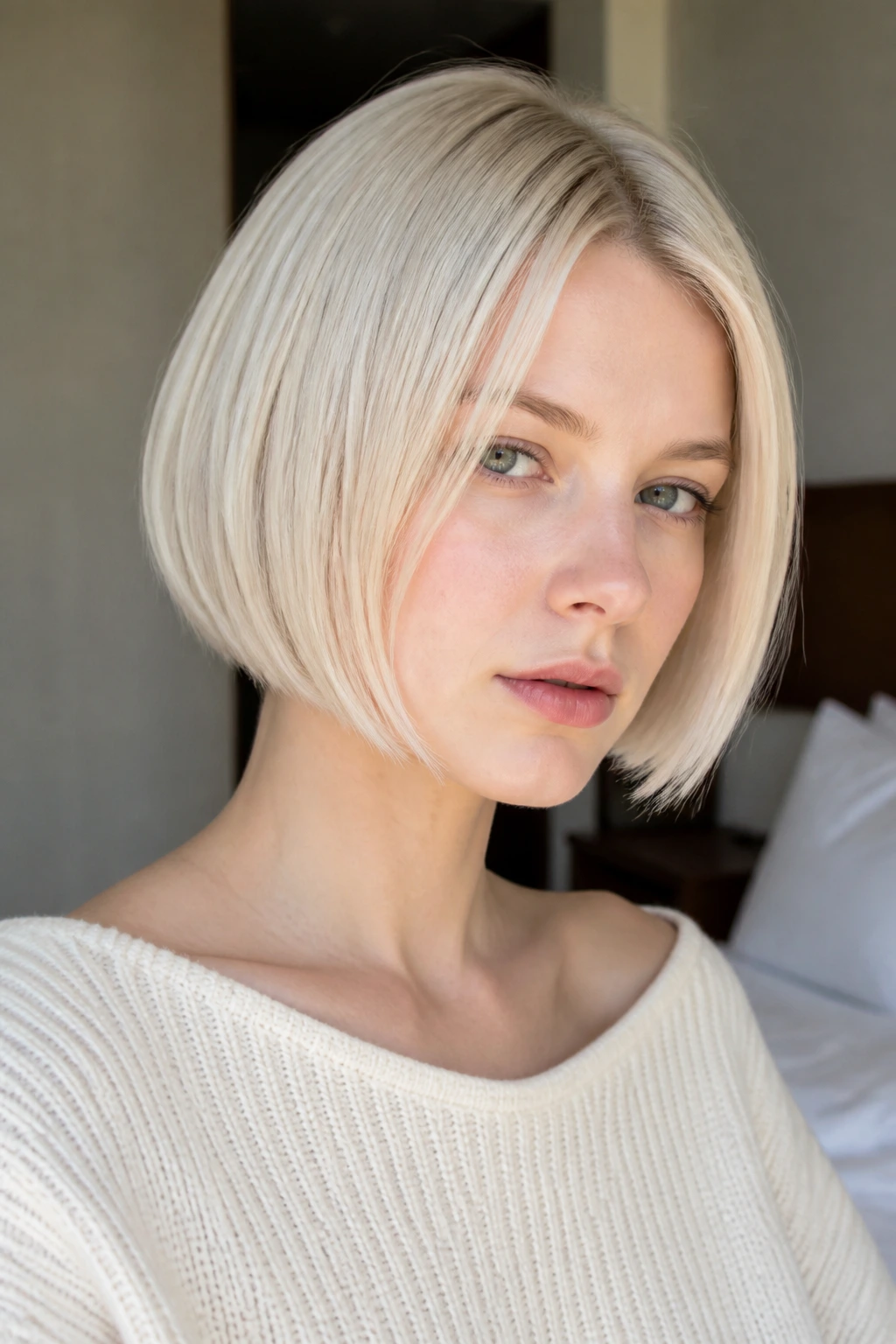 Close-up portrait of a woman with beige-white platinum bob and fair skin.