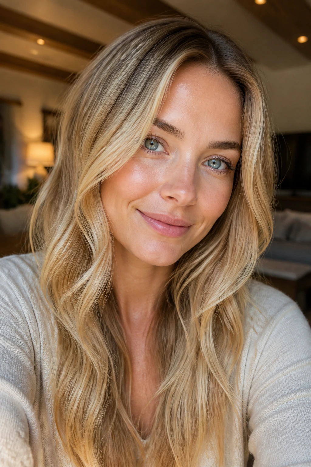 Close-up of a real woman with beige-yellow bronde hair in warm indoor light