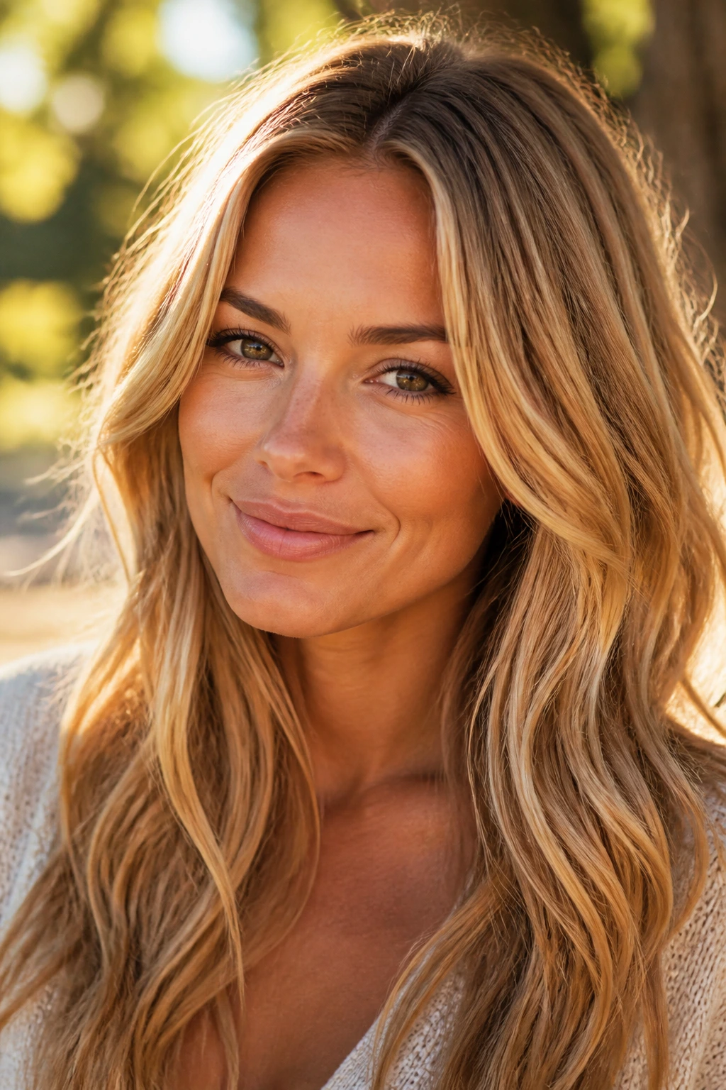Close-up portrait of a real woman with natural-looking sun-kissed blonde under golden-hour light.