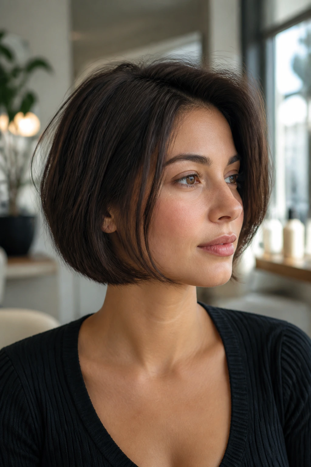 Portrait of a woman with a below-ear cut showing weight line