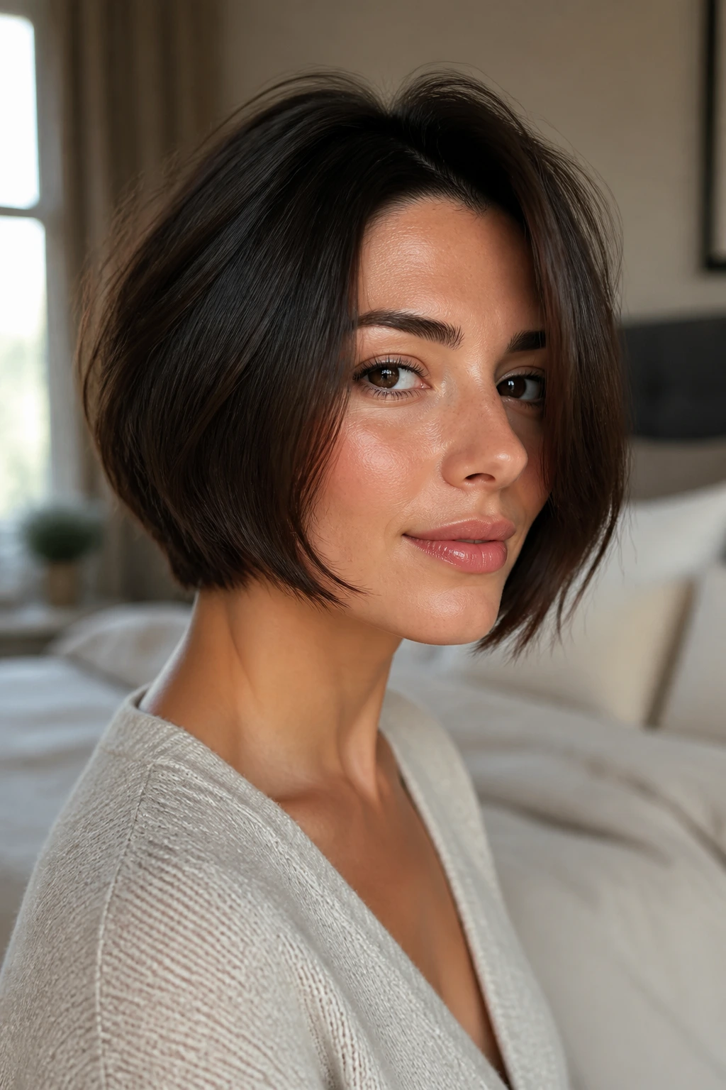 Close-up of a woman with a below-ear haircut in natural light