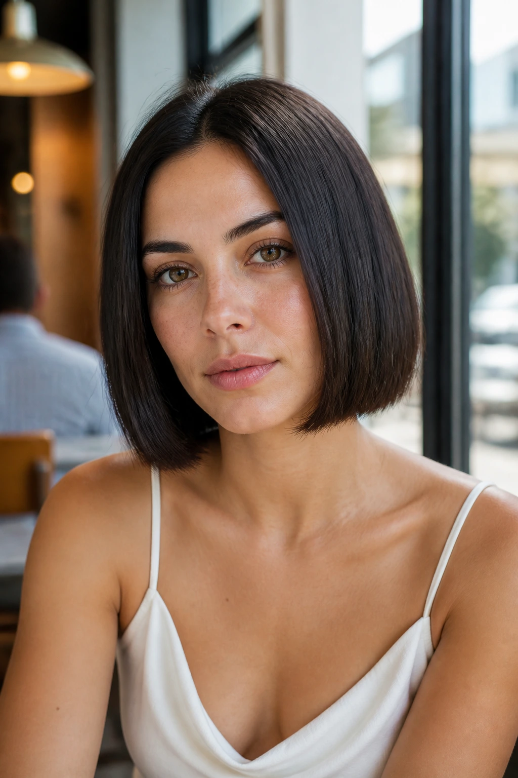 Close-up portrait of a real woman with a below-chin one-length bob in a cafe setting.