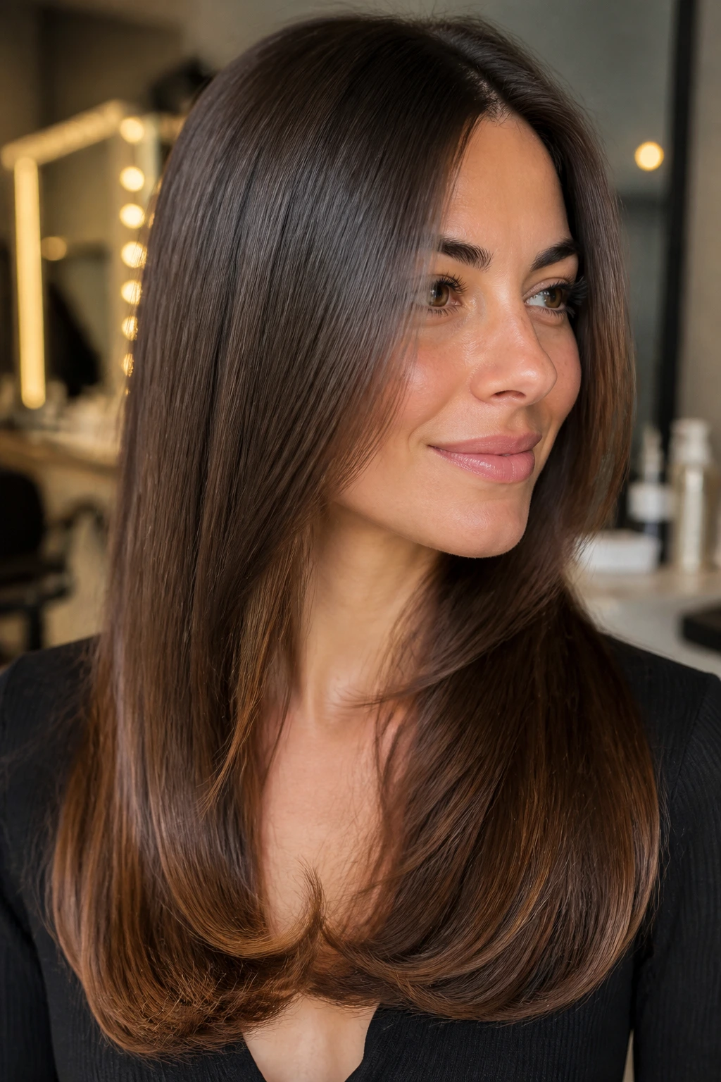 Close-up of a real woman with bent-end blowout and smooth roots