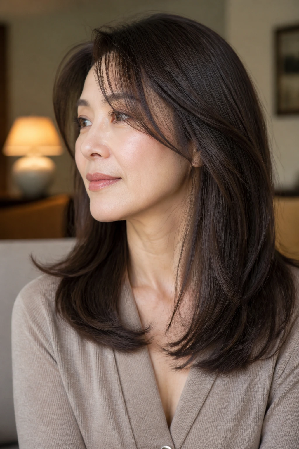 Close-up of a real woman with inward bent ends and inner movement in fine hair