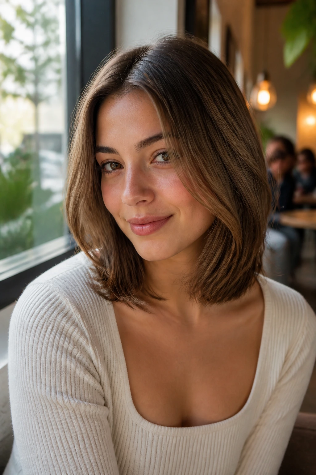 Close-up portrait of a real woman with a bent lob soft curves