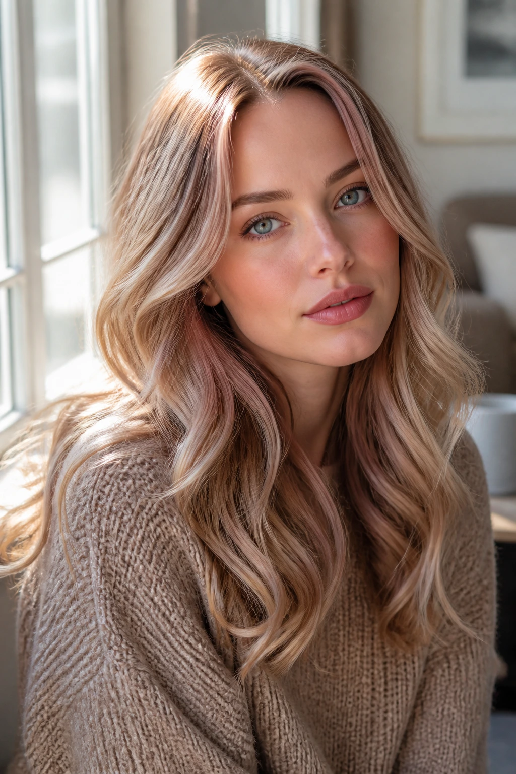 Close-up portrait of a woman with berry-beige dimensional blonde hair in natural light