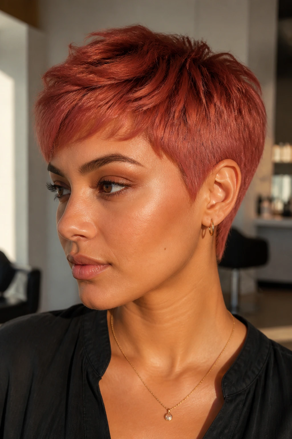 Close-up portrait of Berry-Copper Strawberry Pixie hair on a real person.