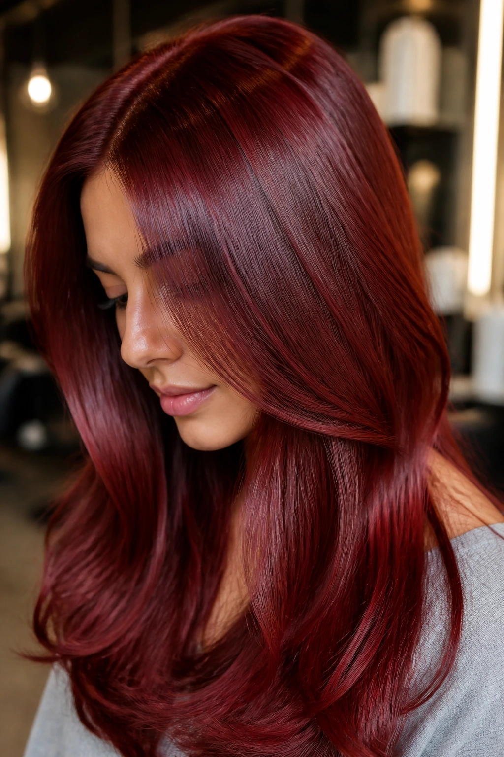 Close-up of hair with berry-strawberry gloss on a real person