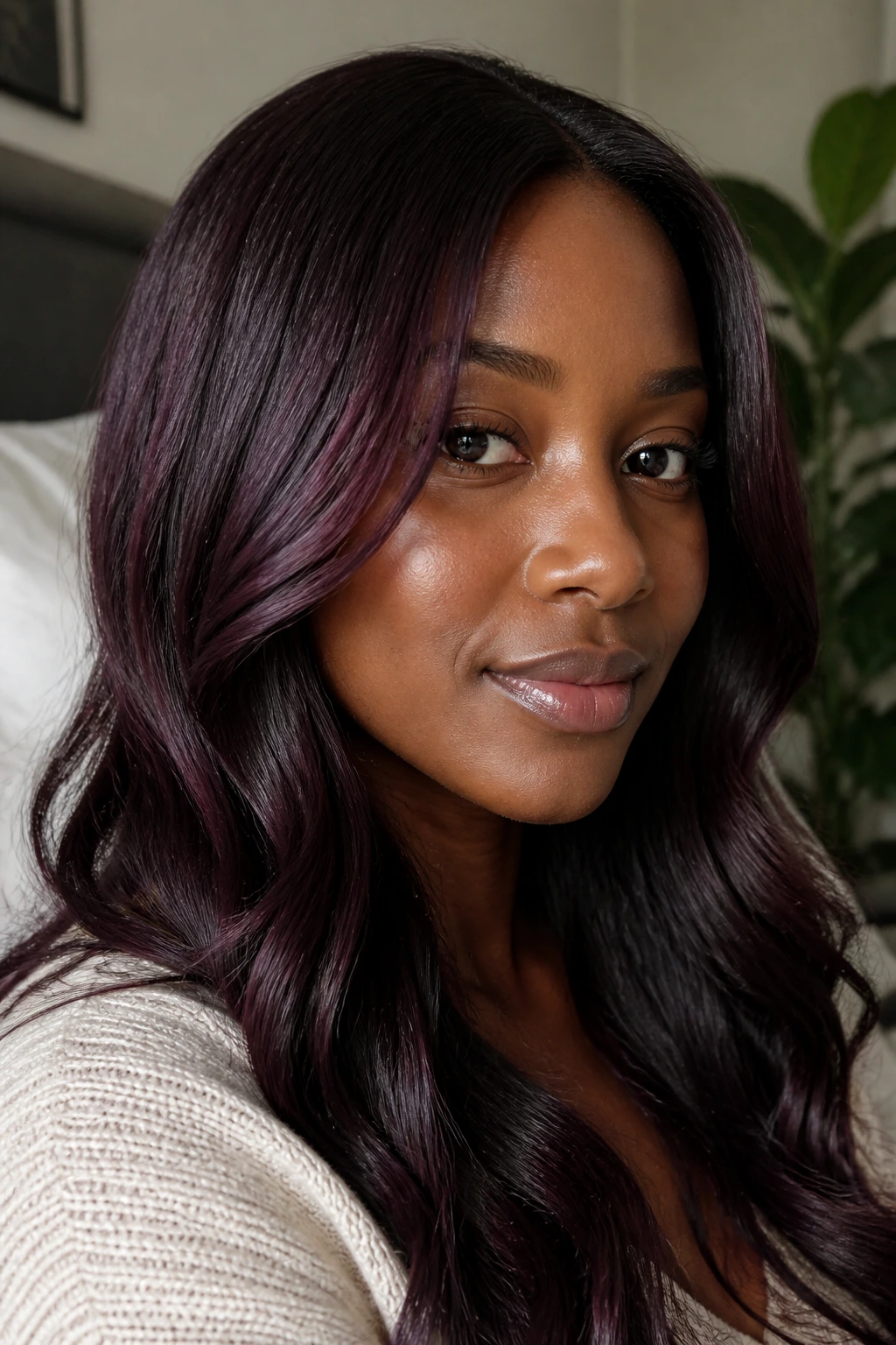 Close-up of blackberry brown hair with berry undertones on deep skin.