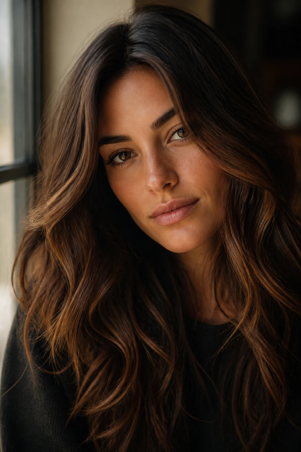 Deep brunette with warm front highlights on olive skin