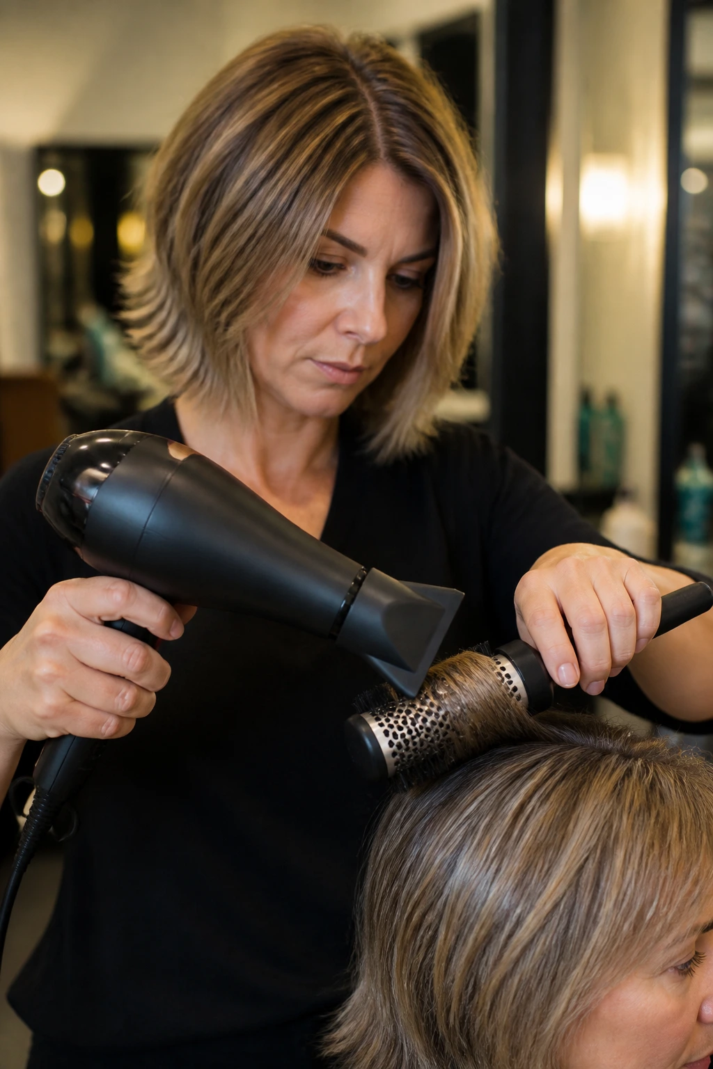 Close-up of hands using hair tools to shape fine hair in a salon
