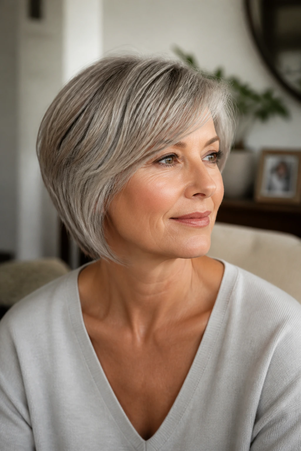Portrait of a woman in her 50s with low-maintenance hair in a cozy home setting