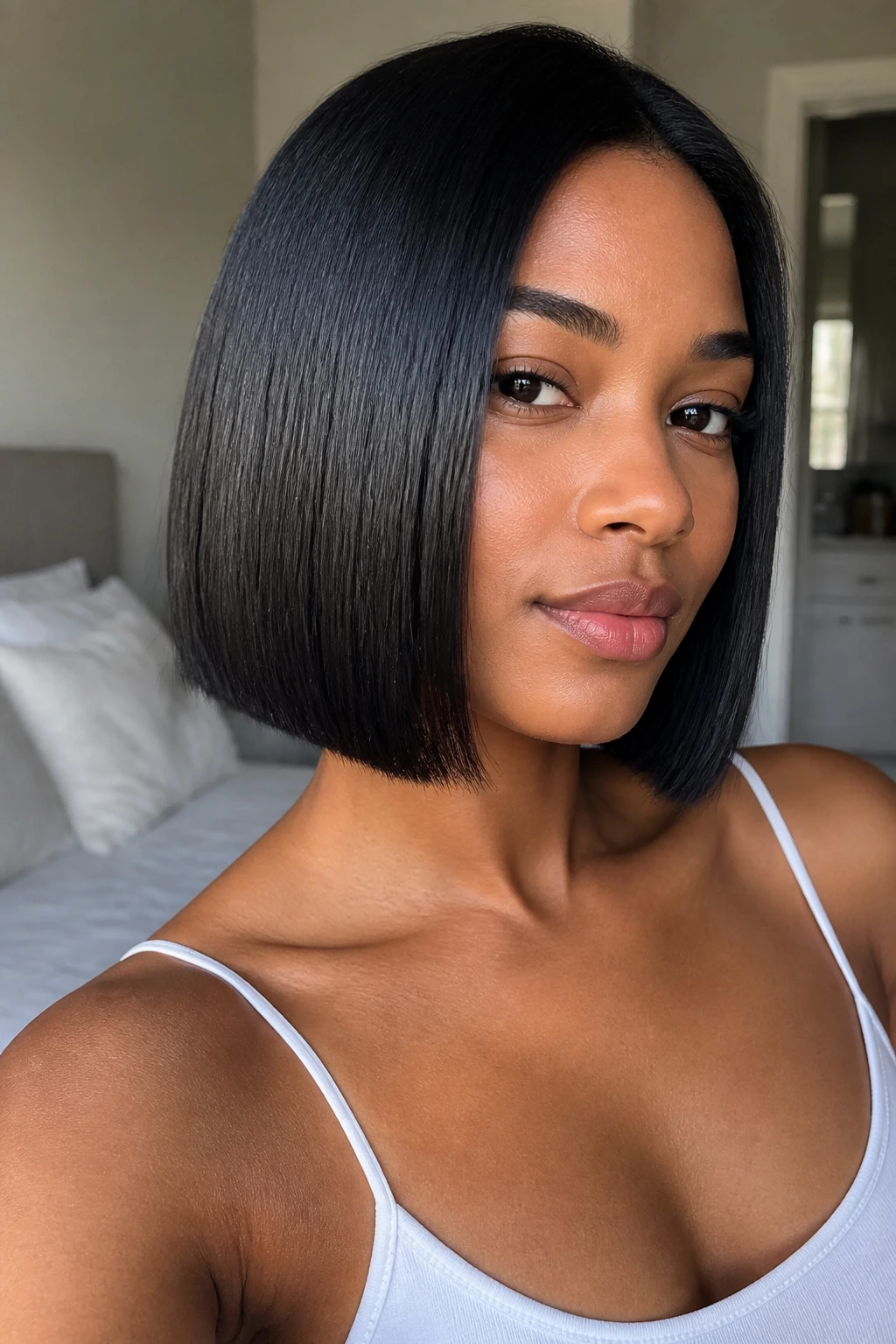 Real woman with crisp blunt bob between washes in soft bedroom light.