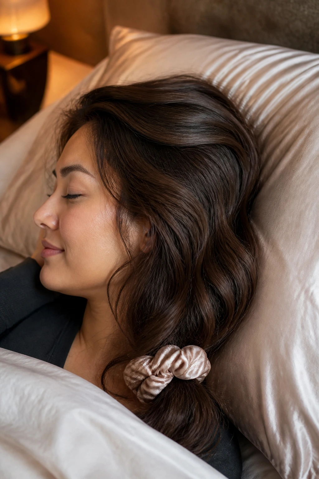 Woman with loose waves in bed using silk scrunchie to keep shape overnight.