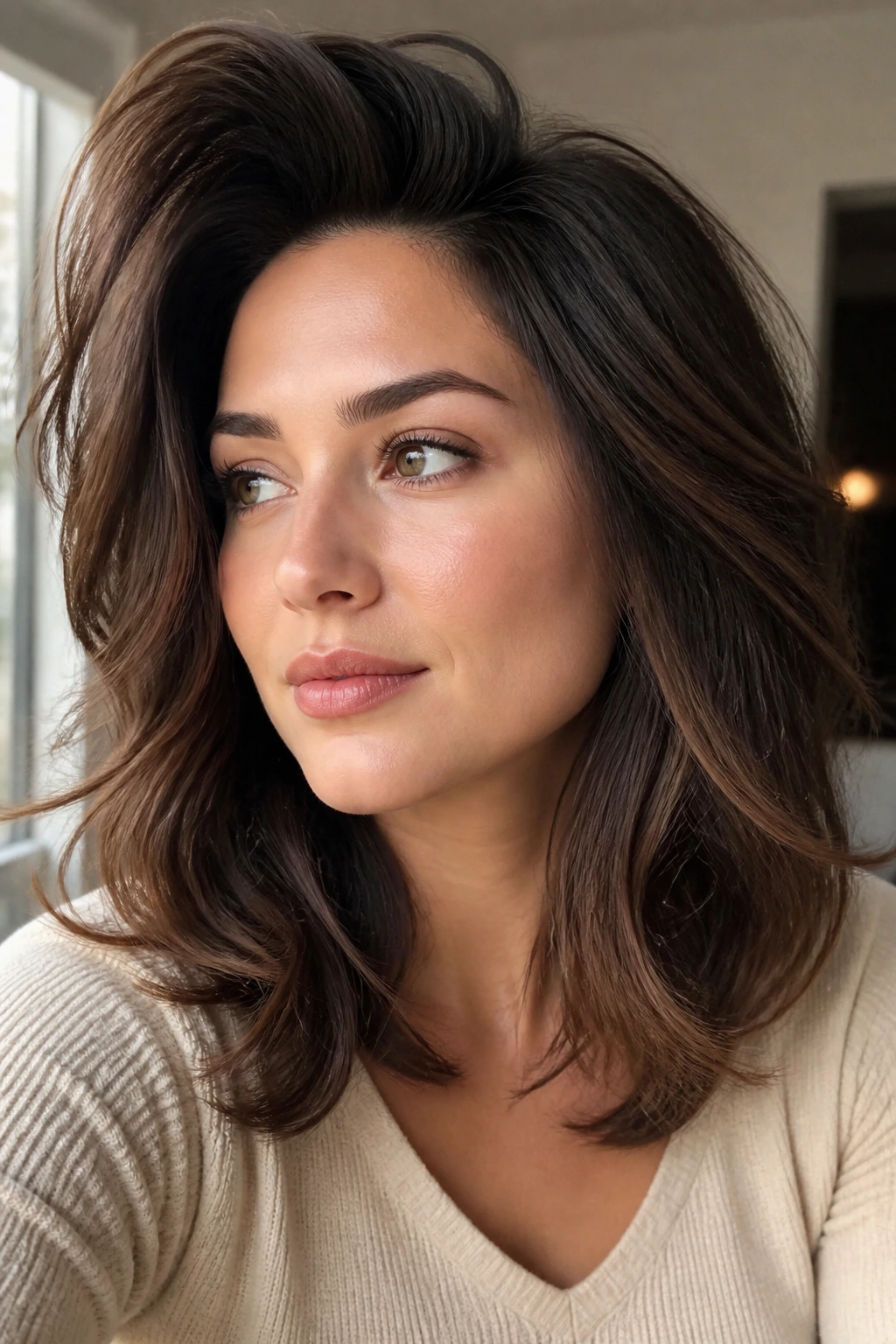 Portrait of a real person with thick hair styled to keep shape between washes
