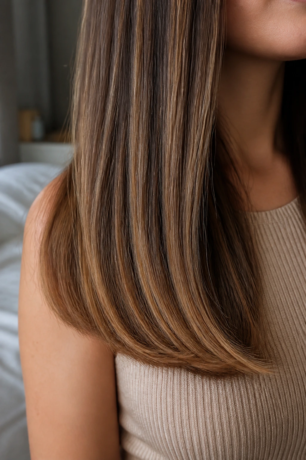 Close-up of beveled hair ends with caramel highlights on long straight hair