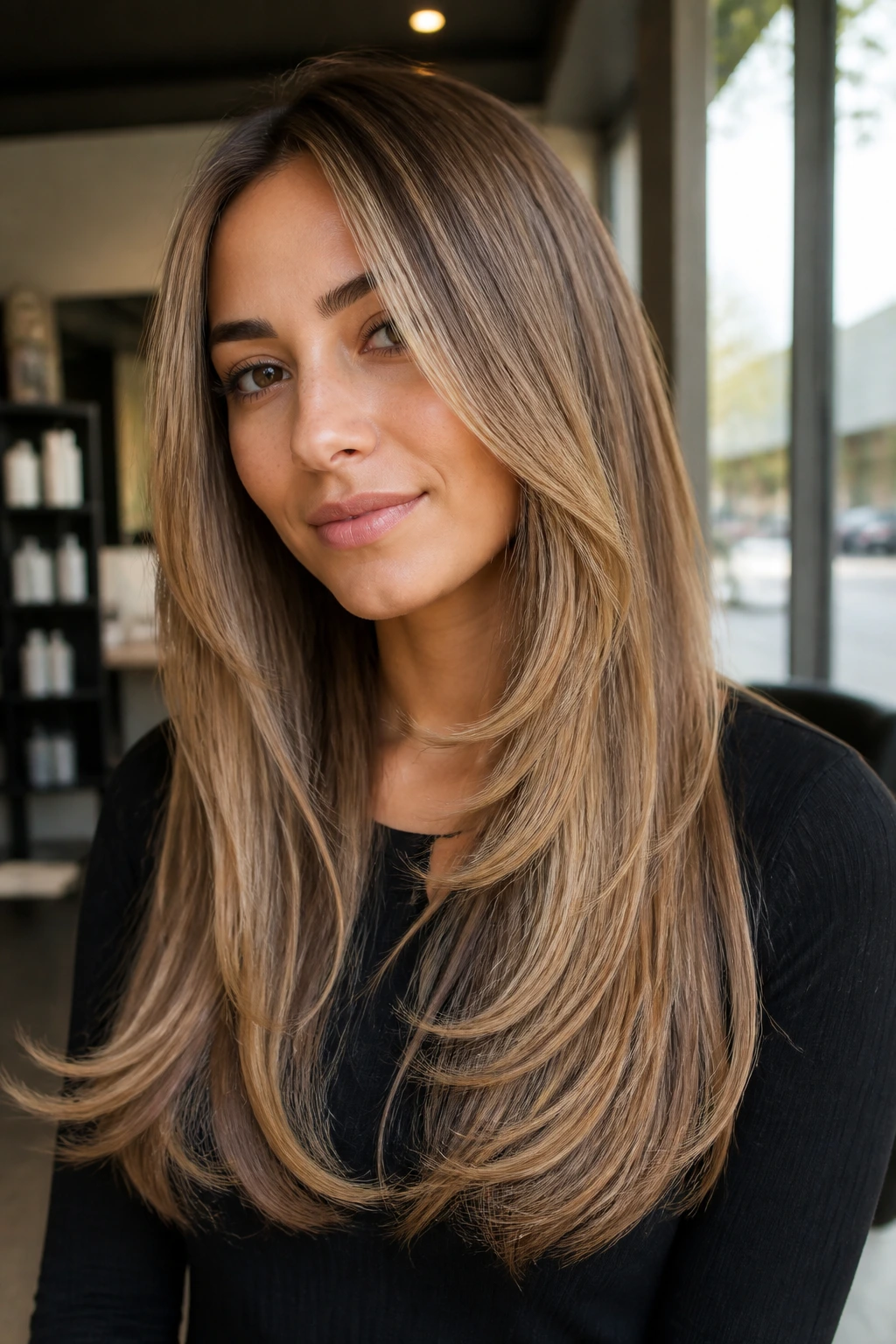 Close-up of a real woman with subtle bevel layers at the ends of fine hair