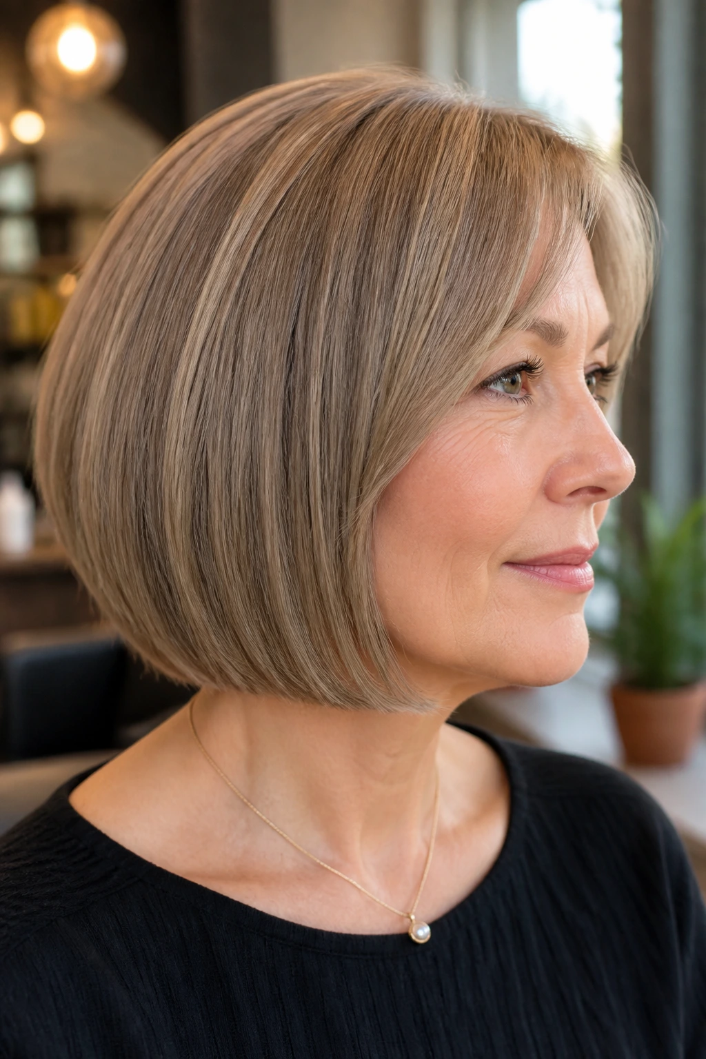 Close-up of a real woman with beveled bob and blunt ends in warm salon light