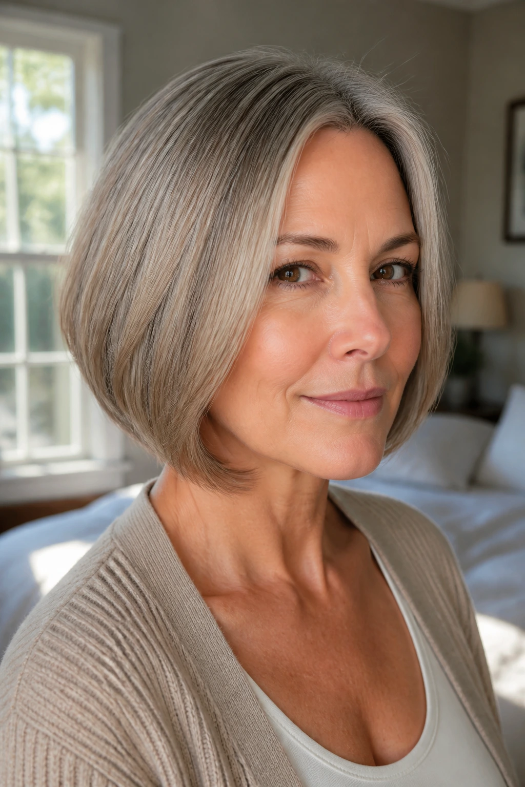 Close-up portrait of a real woman with a beveled bob and subtle inward angle on fine hair