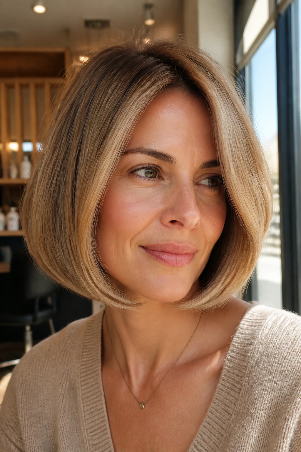 Close-up of a real woman with a beveled bob featuring inward-curved ends and a soft side part.