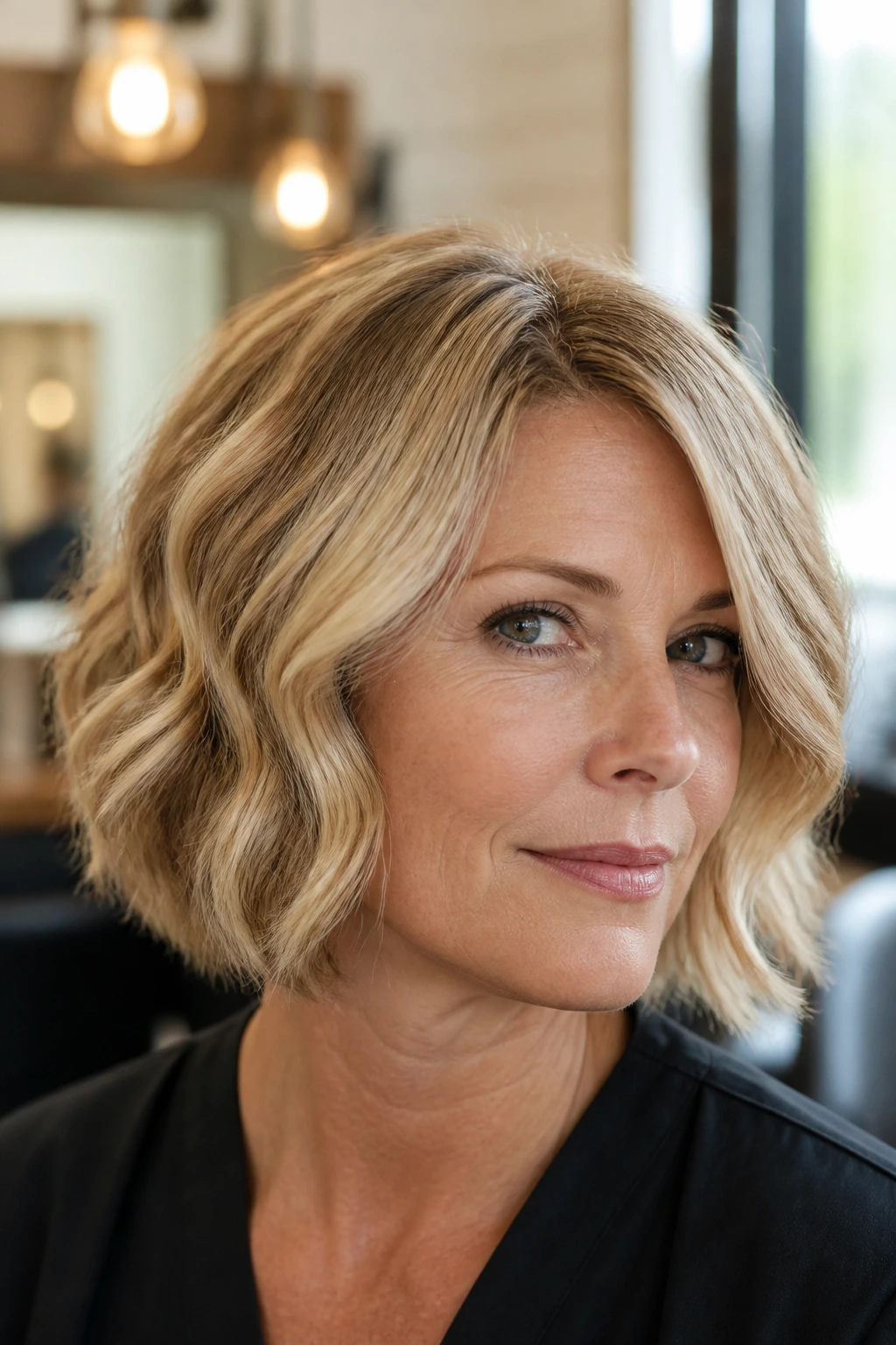 Close-up of a real woman with beveled-edge bob softening square jaw