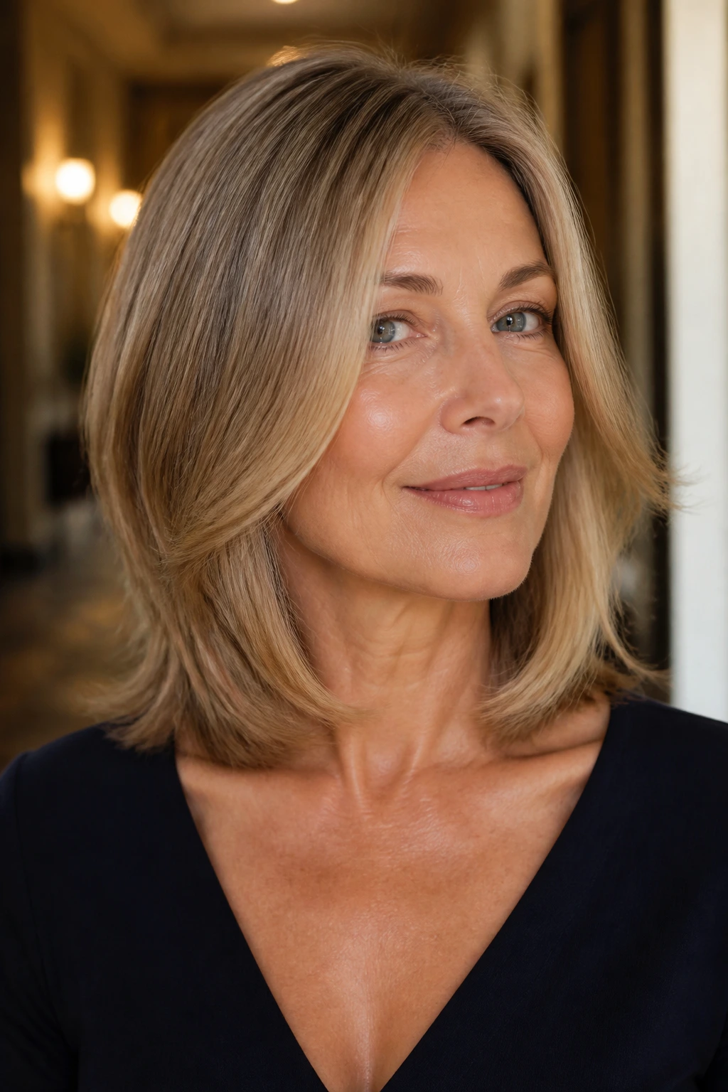 Close-up of a real woman with a beveled collarbone cut