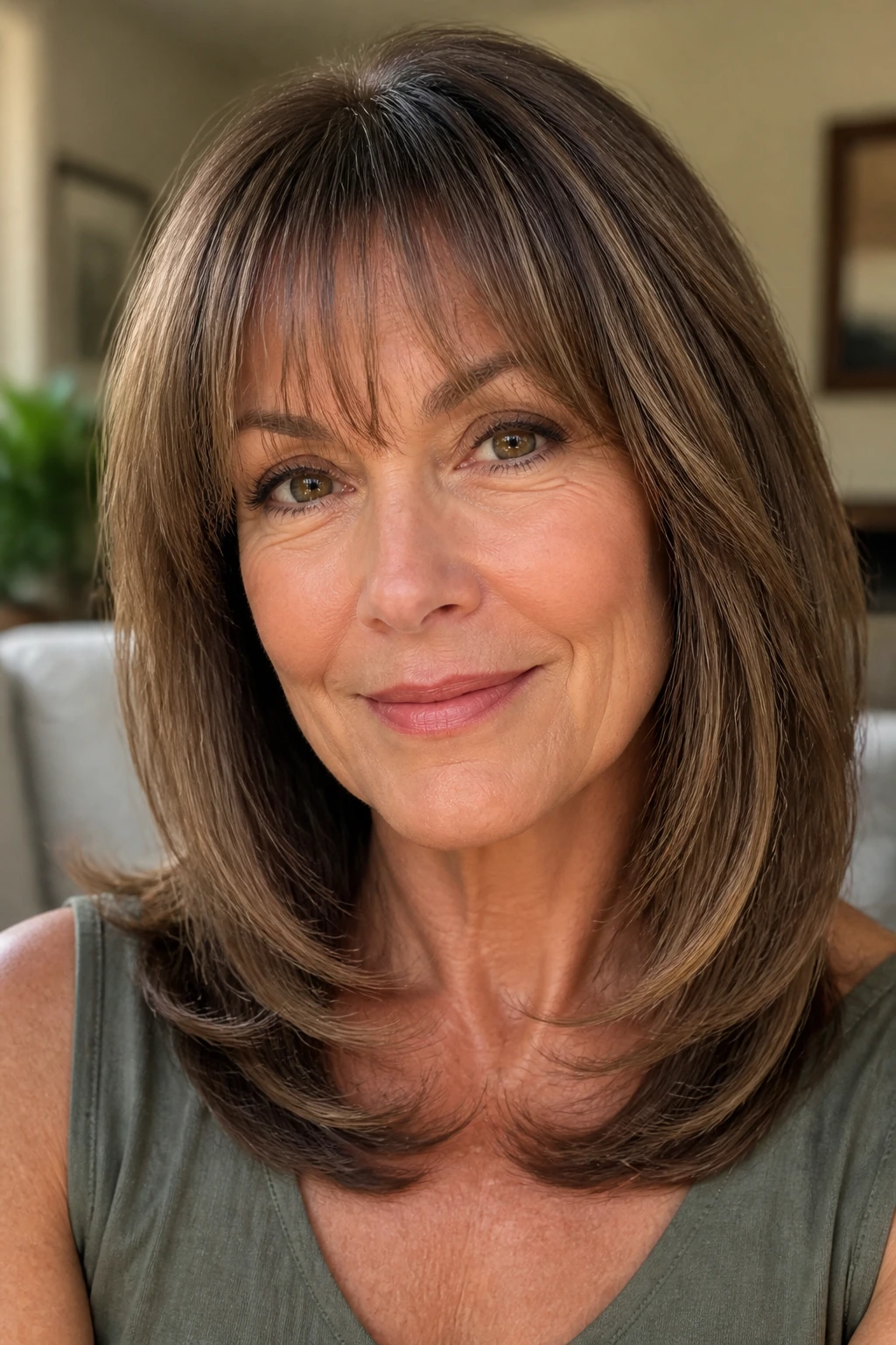 Close-up of a real woman with beveled ends and eyelash bangs