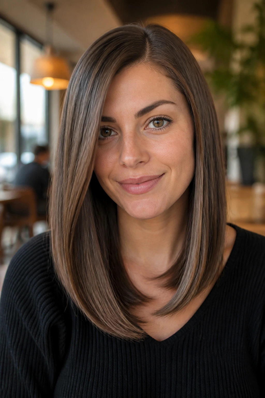 Close-up of a real woman with beveled ends on straight hair