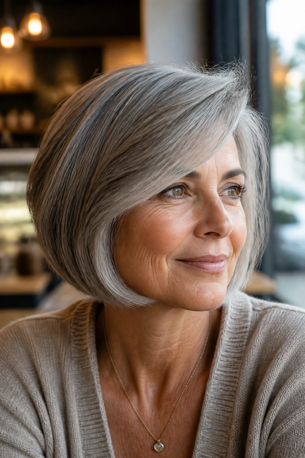 Portrait of a real woman with beveled grey bob and side sweep